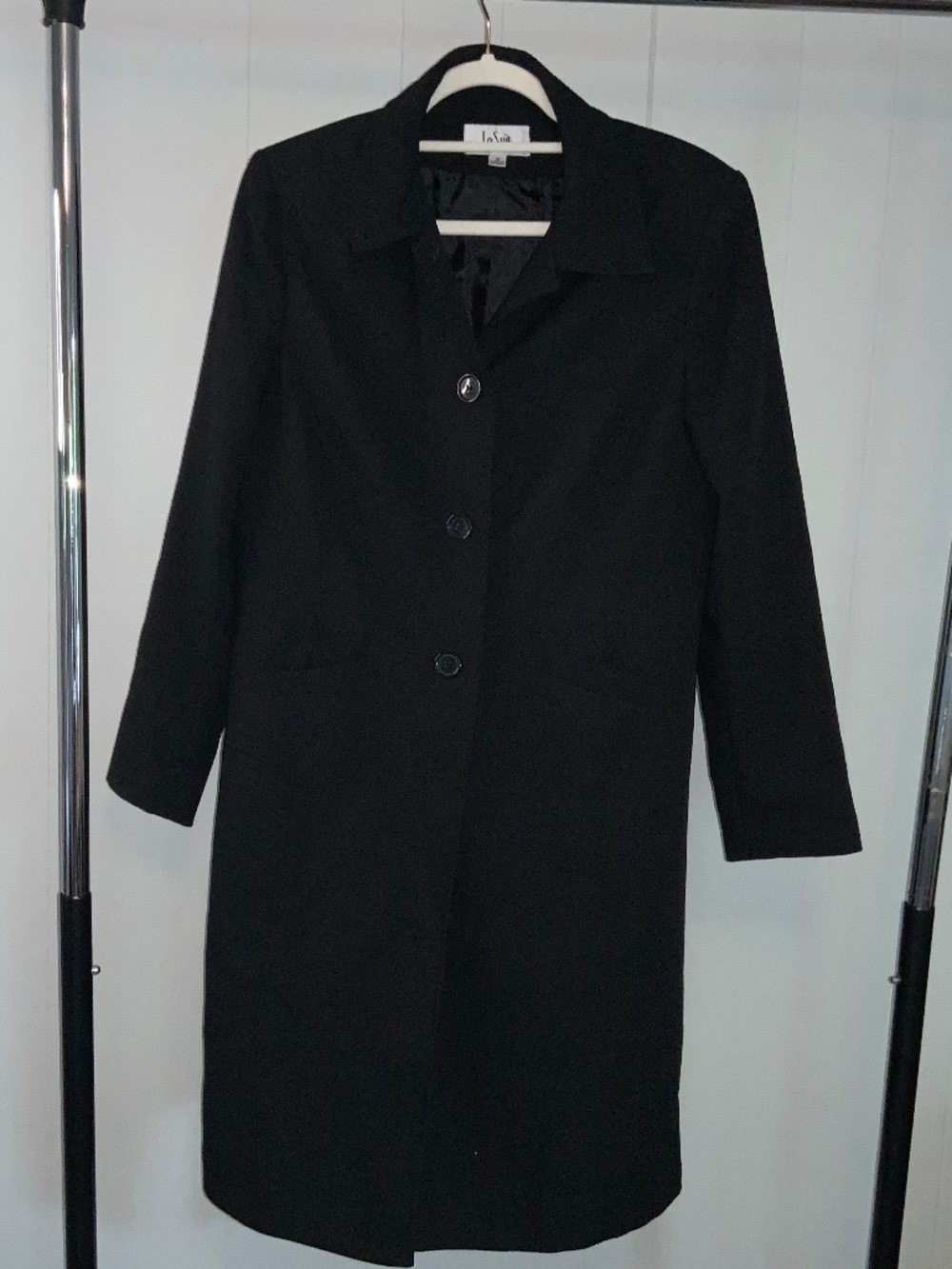 Le Suit black textured single breasted trench coat Sz 10